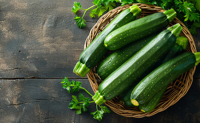 A basket of green zucchini is on a wooden table. The basket is filled with zucchini and has a few green leaves on to