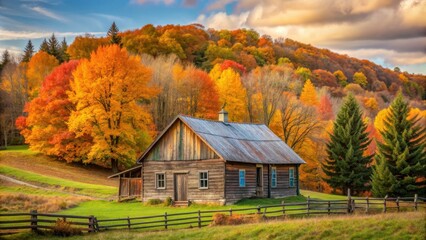 Obraz premium Rustic farmhouse in a rural landscape with autumn trees , house, landscape, rural, rustic, farmhouse, autumn, trees