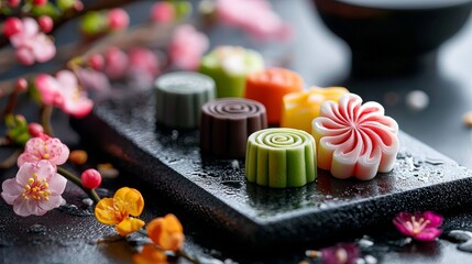 Colorful traditional candies displayed with cherry blossoms, creating a beautiful and appetizing arrangement on a dark plate.