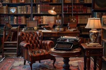 Illustration of "A vintage-inspired workspace with antique furniture and typewriters, illustrated with a nostalgic background of an old-fashioned library filled with leather-bound books." Ai Generate.
