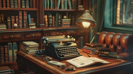 Illustration of "A vintage-inspired workspace with antique furniture and typewriters, illustrated with a nostalgic background of an old-fashioned library filled with leather-bound books." Ai Generate.