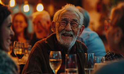 Elderly friends laughing at the table in an elegant restaurant, enjoying wine and good conversation during their golden years