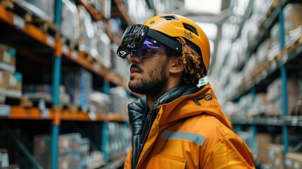Logistics technician, AR glasses, inspecting inventory, smart warehouse.