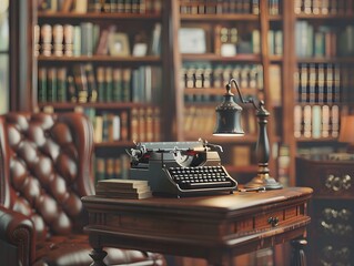 Illustration of "A vintage-inspired workspace with antique furniture and typewriters, illustrated with a nostalgic background of an old-fashioned library filled with leather-bound books." Ai Generate.