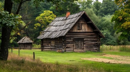 Old wooden log cottage in a village