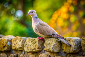Fototapeta premium A gentle dove perches on a worn stone wall, its soft feathers and delicate wings embodying symbols of peace, love, and freedom in a serene atmosphere.