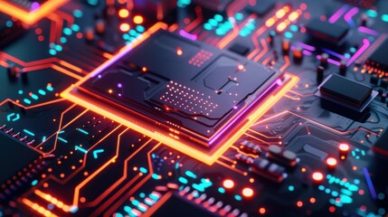 Neon Glowing Motherboard with CPU