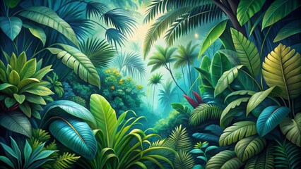 Jungle Depth Lush Greenery, Palm Trees, and a Hint of Sunlight - Tropical Forest, Rainforest, Green Leaves, Nature, Digital Art
