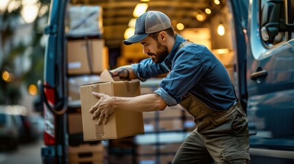 Courier worker loading packages into a delivery van.