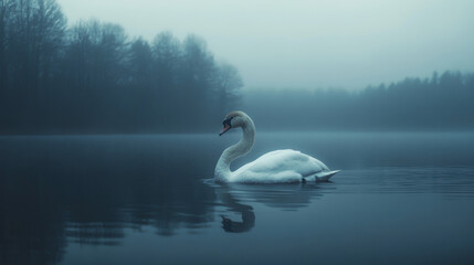 Fototapeta premium Swan on a Misty Lake at Dusk.
