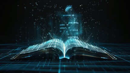 Digital Book with Glowing Lines and Binary Code