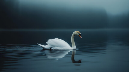 Obraz premium Swan on a Misty Lake at Dusk.
