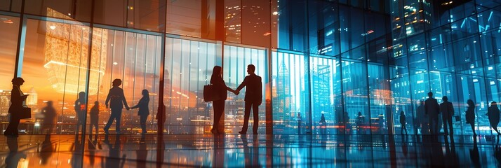 Business partners formally greet each other with a handshake outside a modern office building against a vibrant sunset backdrop. Generative AI