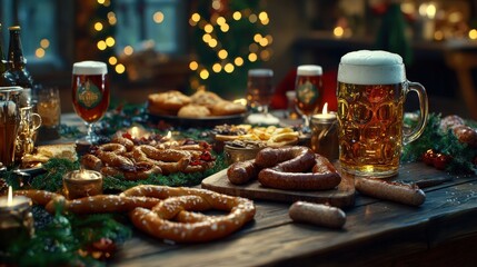 Obraz premium A table is filled with various sausages, pretzels, and beer, creating a warm and festive Oktoberfest atmosphere
