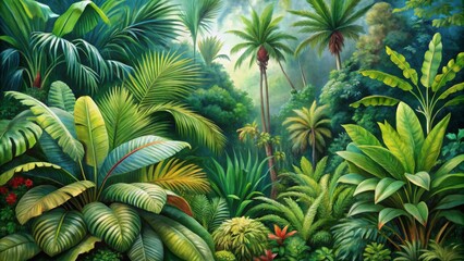 Obraz premium Lush Jungle Painting - Oil on Canvas - Vibrant Greens and Palm Trees - Tropical Paradise - Nature Art