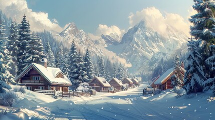 A charming alpine village with wooden chalets dusted with snow, surrounded by majestic pine trees 