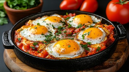 Delicious shakshuka with perfectly poached eggs, tomatoes, and spices served in a cast-iron skillet, garnished with fresh herbs.