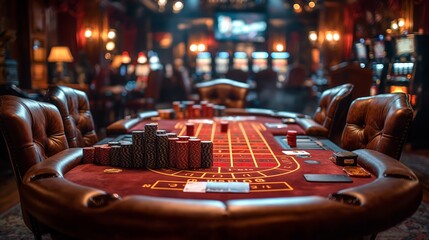 Luxurious Casino Interior with Roulette Table, Rich Red and Gold Palette, Elegant and Opulent Composition, Suitable for High-End Events and Luxury Promotions, Ideal for Casino Marketing and VIP Experi