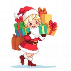 cartoon santa girl carrying a lot of presents.