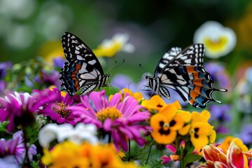 Two striking black and white butterflies rest delicately on a collection of vibrant, colorful flowers, showcasing the contrast and harmony within nature in a zoomed-in perspective.