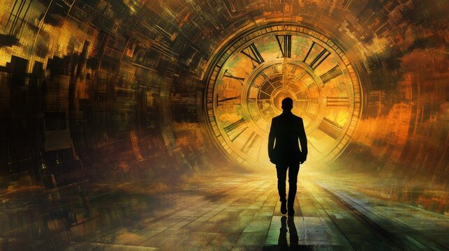 Human figure dissolving into time and money elements abstract representation of life's balance