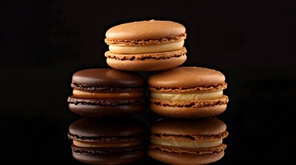 Chocolate macaroons vanilla and caramel isolated on black background