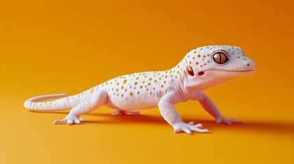 Obraz premium Close up view of a white spotted Leopard Gecko on a vibrant orange studio background