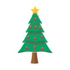 Fototapeta premium Decorated Christmas Tree Vector Festive Holiday Illustration, Flat Christmas Tree with Red Baubles and Star 