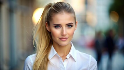 Fototapeta premium Portrait of a Blonde Woman in a White Shirt with a Blurred Background - City, Street, Fashion, Casual, Lifestyle, Model, Beauty