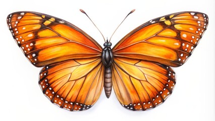 Fototapeta premium Realistic Colored Pencil Monarch Butterfly Illustration - Detailed Wings, White Background, Insect Art