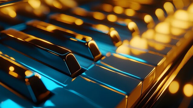 Piano keyboard close-up under gold light
