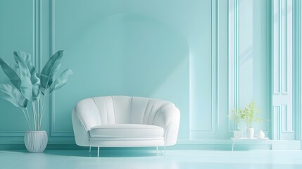 Minimalist White Living Room on Turquoise Colored Background