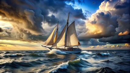 Fototapeta premium Sailing Through Stormy Seas A Dramatic Composition of a Sailboat Cutting Through Waves Under a Dramatic Sky - digital art, sailing, ocean, storm, waves, clouds, dramatic