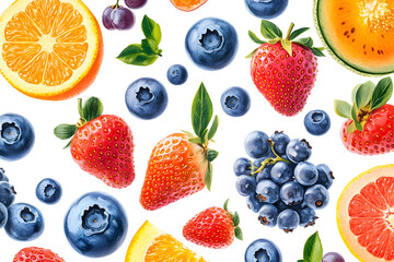 Fresh fruit grapes, strawberries, oranges and melons arranged on a white background