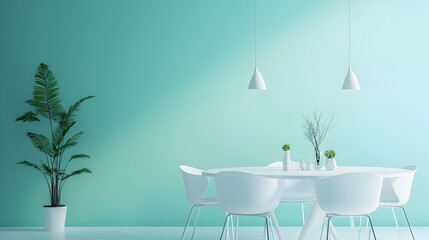 Obraz premium Minimalist Turquoise Dining Room with Modern White Furniture and Lighting