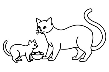 A Cat mother feeding kittens line art vector