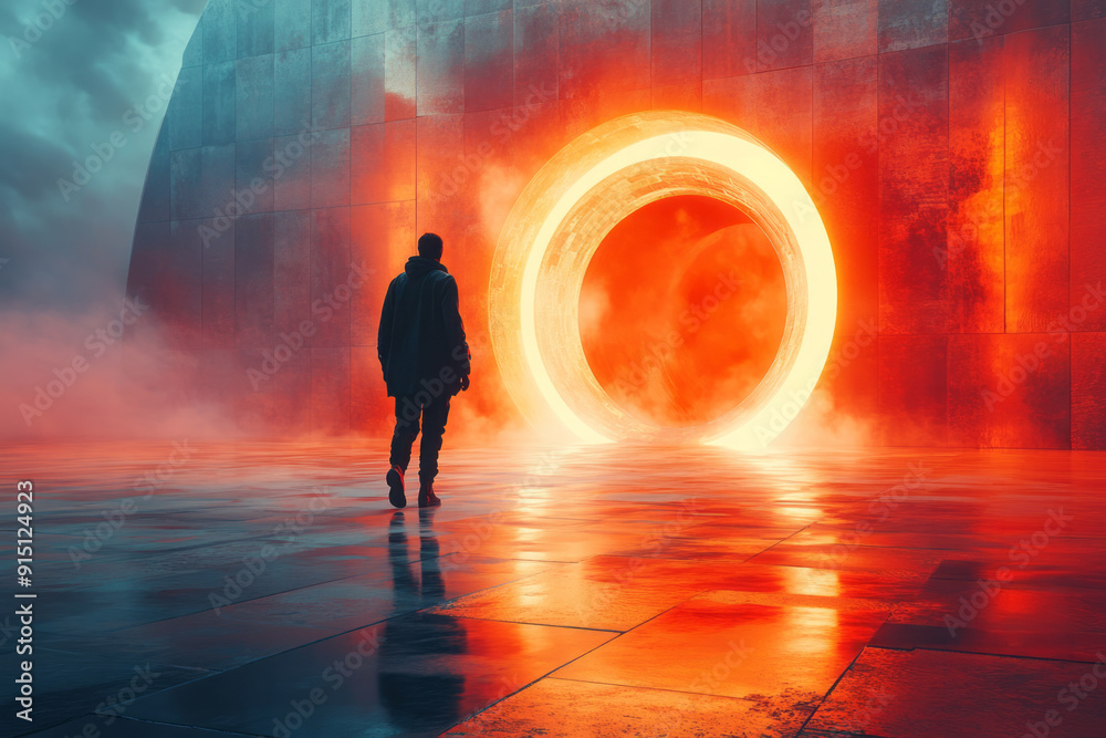 Poster futuristic depiction of a digital explorer stepping through a portal into a world of luminescent geo