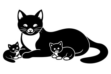 A Cat mother feeding kittens line art vector