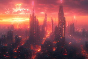 Fototapeta premium Artistic rendering of a futuristic city with luminescent geometric skyscrapers and neon-lit streets,