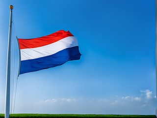 Dutch Flag Waving in the Wind Against a Blue Sky