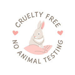 Cruelty free doodle hand drawn icon. No animal testing logo sticker for animal friendly product packaging. Cute cartoon rabbit on hand with text. Vegan eco cosmetics. Simple colorful round badge