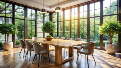 Fototapeta premium Sunlit Modern Dining Room with Wooden Table and Chairs, Green Plants, and Large Windows - Interior Design, 3D Rendering, Contemporary, Minimalist, Natural Light