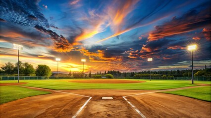 Sunset Over the Baseball Diamond - A Wide-Angle View of a Baseball Field Under a Dramatic Sky with Orange and Blue Clouds, Digital Painting, Baseball, Field, Sunset, Sports, Game