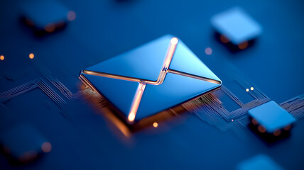 A futuristic email icon glowing on a detailed blue circuit board, representing high-tech digital communication and modern technology.