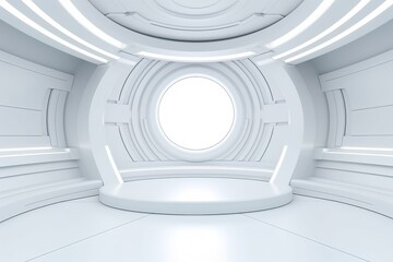 Obraz premium White futuristic interior with a round platform and circular window.