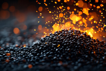 A sleek, modern animation of black cumin seeds releasing black cumin oil,