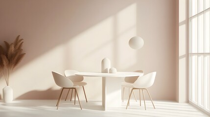 Fototapeta premium Minimalist Dining Area in White Workspace with Neutral Palette and Natural Lighting