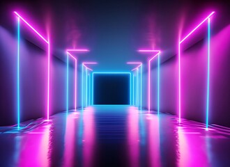 3d render, abstract neon background, floor reflection, pink blue glowing lines, ultraviolet light