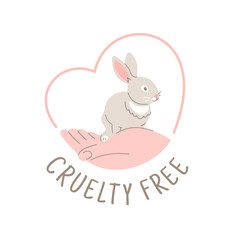 Cruelty free doodle hand drawn icon. Not tested on animals logo sticker for animal friendly product packaging. Cute cartoon rabbit on hand with text and heart. Vegan eco cosmetics. Simple color badge