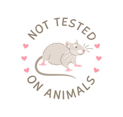 Cruelty free doodle hand drawn icon. Not tested on animals logo sticker for animal friendly product packaging. Cute cartoon rat with text in circle. Vegan eco cosmetics. Simple colorful badge